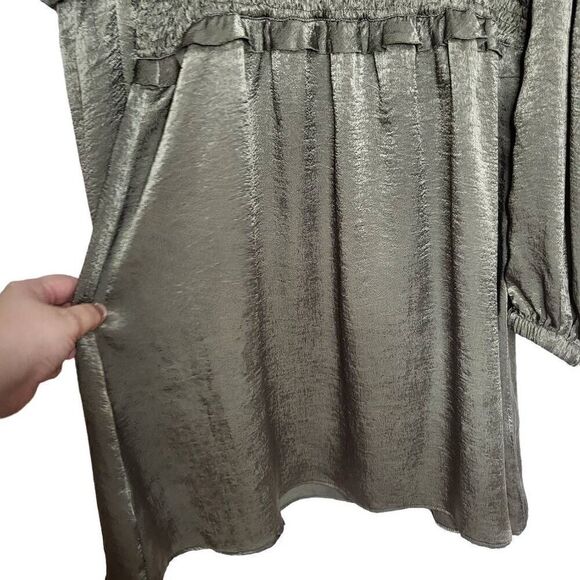 NEW STORIA Olive Green Cold Shoulder Balloon Sleeves Ruffle Mini Dress Medium - Picture 7 of 11